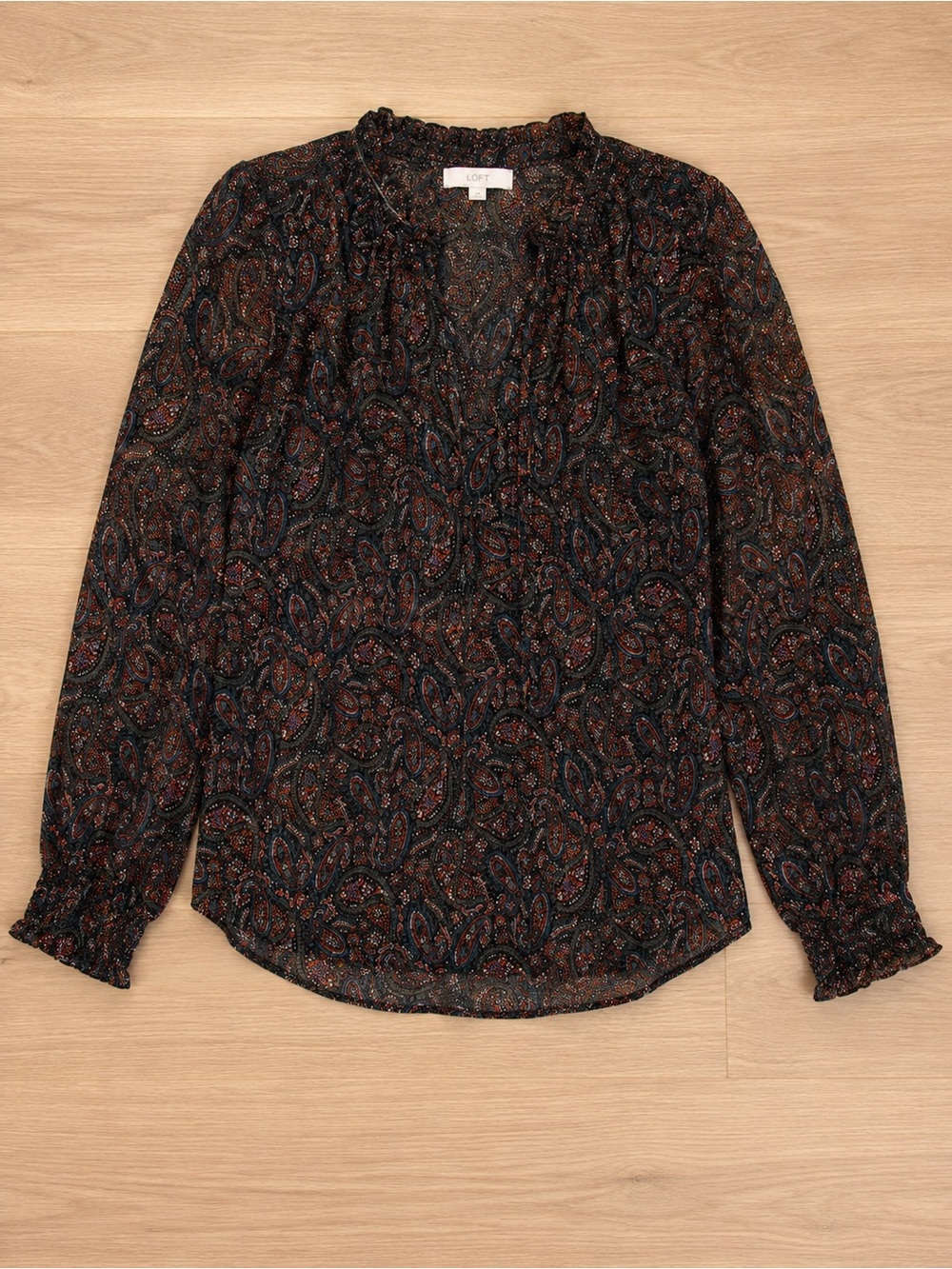 LOFT Paisley Shimmer Blouse Sheer Sleeves Lined Body Long Sleeve Top | Size L